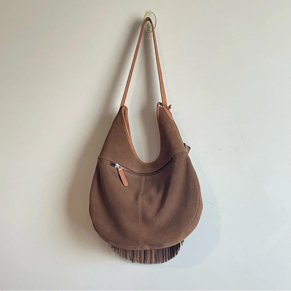 NEW Vilenca Holland Cognac Brown Suede Fringe Hobo Bag Boho Festival Western